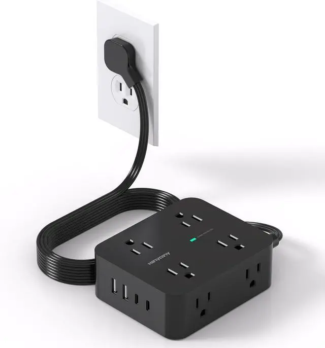 Main image of Power Strip Surge Protector, 5Ft Ultra Thin Flat Extension Cord with Multiple Outlets, 8 Widely Outlet Extender 4 USB Ports(2 USB C), 1080J Wall Mount for College Dorm Room Essentials Black
