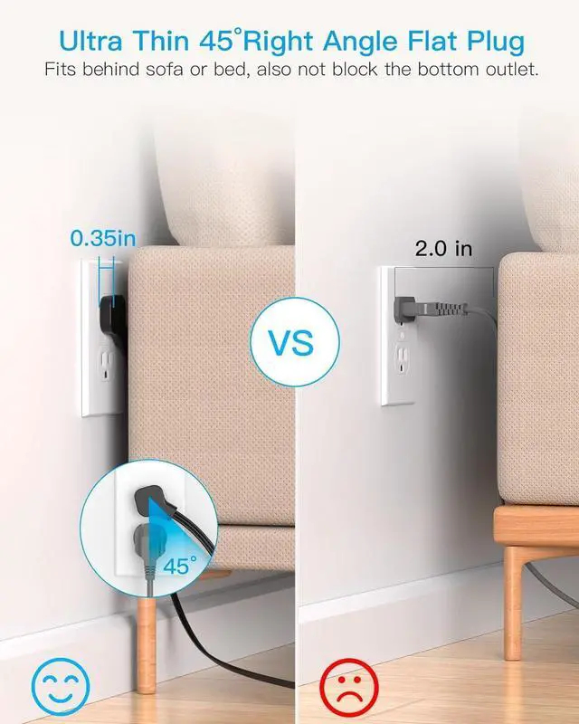 Alt view image 2 of 7 - Power Strip Surge Protector, 5Ft Ultra Thin Flat Extension Cord with Multiple Outlets, 8 Widely Outlet Extender 4 USB Ports(2 USB C), 1080J Wall Mount for College Dorm Room Essentials Black