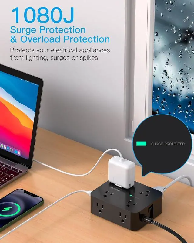 Alt view image 4 of 7 - Power Strip Surge Protector, 5Ft Ultra Thin Flat Extension Cord with Multiple Outlets, 8 Widely Outlet Extender 4 USB Ports(2 USB C), 1080J Wall Mount for College Dorm Room Essentials Black