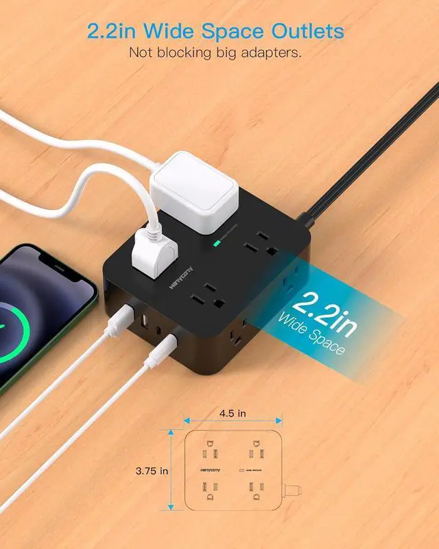 Alt view image 5 of 7 - Power Strip Surge Protector, 5Ft Ultra Thin Flat Extension Cord with Multiple Outlets, 8 Widely Outlet Extender 4 USB Ports(2 USB C), 1080J Wall Mount for College Dorm Room Essentials Black