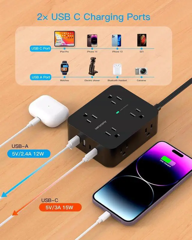 Alt view image 6 of 7 - Power Strip Surge Protector, 5Ft Ultra Thin Flat Extension Cord with Multiple Outlets, 8 Widely Outlet Extender 4 USB Ports(2 USB C), 1080J Wall Mount for College Dorm Room Essentials Black