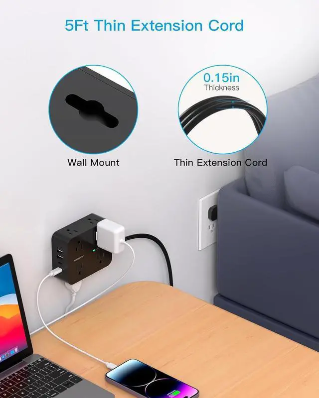 Alt view image 7 of 7 - Power Strip Surge Protector, 5Ft Ultra Thin Flat Extension Cord with Multiple Outlets, 8 Widely Outlet Extender 4 USB Ports(2 USB C), 1080J Wall Mount for College Dorm Room Essentials Black