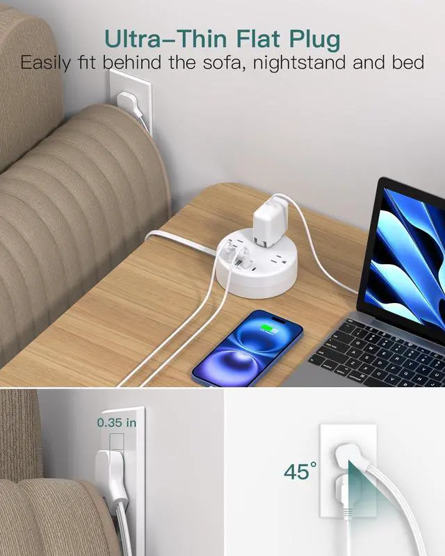 Alt view image 6 of 7 - Travel Esstentials - Cruise Approved Power Strip with 5ft Retractable Cord, Ultra Thin Flat Plug, 3 Outlets 4 USB (2 USB C), Non Surge Protector for Travel/Cruise/Home/Dorm/Office, ETL Listed