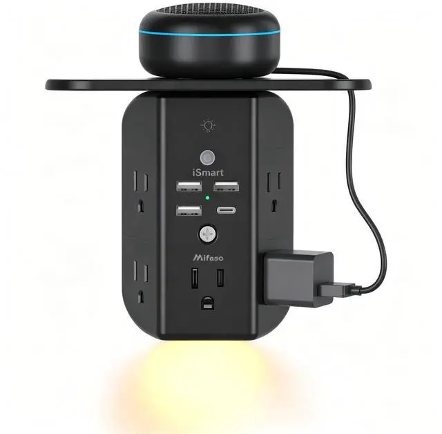 Main image of Wall Outlet Extender with Shelf and Night Light, Surge Protector, USB Wall Charger with 5 AC Outlets and 3 USB A Ports 1 USB C Port Wide Space 3-Sided Power Strip Multi Plug Outlets, Black