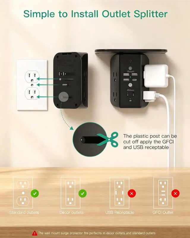 Alt view image 5 of 7 - Wall Outlet Extender with Shelf and Night Light, Surge Protector, USB Wall Charger with 5 AC Outlets and 3 USB A Ports 1 USB C Port Wide Space 3-Sided Power Strip Multi Plug Outlets, Black