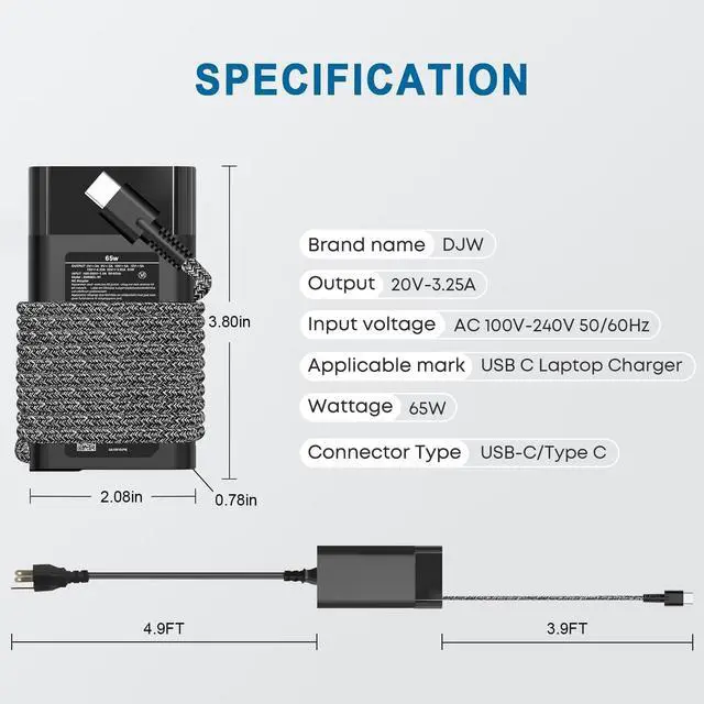 Alt view image 2 of 7 - 65W USB C Laptop Charger Compatible with HP Spectre x360,Envy,Elitebook x360,Pavilion, Elite x2,Chromebook,Omnibook,Dragonfly,Zbook,ProBook Travel Computer Charger USB Type C AC Power Adapter