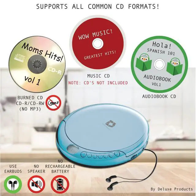 Alt view image 2 of 7 - CD Player Portable with 60 Second Anti Skip, Stereo Earbuds, Includes Aux in Cable and AC USB Power Cable for use at Home or in Car. Blue