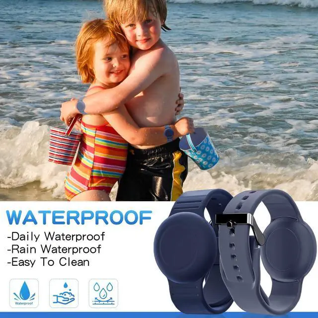 Alt view image 2 of 7 - Waterproof Bracelet Compatible with Airtag (1st & 2nd Gen) for Kid, 2 Pack Soft Silicone Hidden Wristband, Lightweight Watch Band Compatible with Apple Air Tag for Child, Grey Blue & Navy Blue