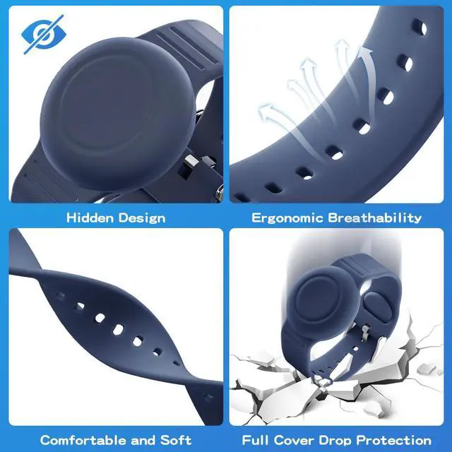Alt view image 3 of 7 - Waterproof Bracelet Compatible with Airtag (1st & 2nd Gen) for Kid, 2 Pack Soft Silicone Hidden Wristband, Lightweight Watch Band Compatible with Apple Air Tag for Child, Grey Blue & Navy Blue