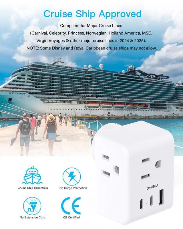 Alt view image 4 of 7 - Travel Cruise Essentials, Multi Plug Outlet Extender with 3 Outlets 3 USB Ports (2 USB C), Power Strip Non Surge Protector Electric Outlet Splitter Wall Charger Multiple Plug Adapter for Travel, White