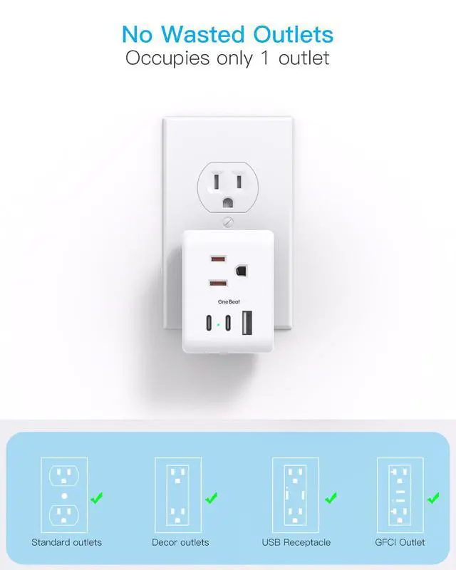 Alt view image 6 of 7 - Travel Cruise Essentials, Multi Plug Outlet Extender with 3 Outlets 3 USB Ports (2 USB C), Power Strip Non Surge Protector Electric Outlet Splitter Wall Charger Multiple Plug Adapter for Travel, White