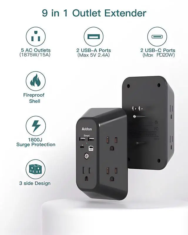 Alt view image 2 of 7 - 5-Outlet Extender Surge Protector, Multi Plug Wall Outlet with 4 USB Wall Charger(PD 20W), Plug Extension Outlet 1800J, Outlet Splitter Power Strip for Home Office Dorm Room Essentials, Black