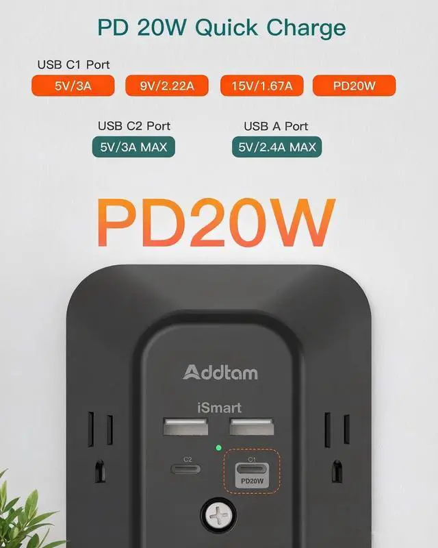 Alt view image 3 of 7 - 5-Outlet Extender Surge Protector, Multi Plug Wall Outlet with 4 USB Wall Charger(PD 20W), Plug Extension Outlet 1800J, Outlet Splitter Power Strip for Home Office Dorm Room Essentials, Black