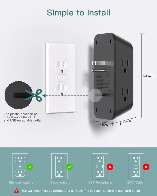 Alt view image 5 of 7 - 5-Outlet Extender Surge Protector, Multi Plug Wall Outlet with 4 USB Wall Charger(PD 20W), Plug Extension Outlet 1800J, Outlet Splitter Power Strip for Home Office Dorm Room Essentials, Black
