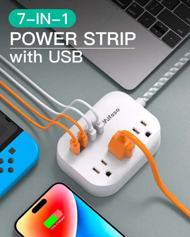 Alt view image 2 of 7 - Cruise Ship Essentials - Power Strip with USB Ports, 5Ft Flat Extension Cord with Multiple Outlets, USB Charging Station with Non Surge Protector for Cruise Ship, Travel, Dorm Room Essentials