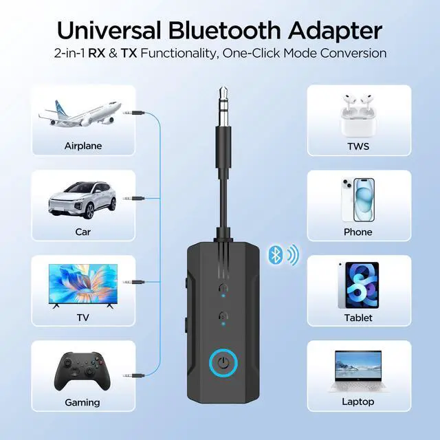Alt view image 2 of 6 - 2026 Bluetooth 6.0 Transmitter Receiver, 2-in-1 Airplane Travel Adapter for 2 AirPods/Headphones, 3.5mm AUX for Flight/TV/Car, Compatible with Apple AirPods 1/2/3/4 & Pro 1/2/3