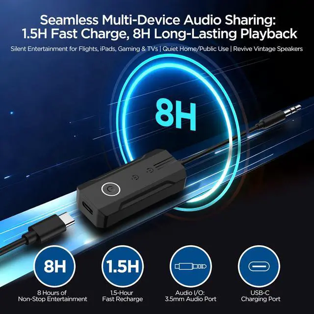 Alt view image 6 of 6 - 2026 Bluetooth 6.0 Transmitter Receiver, 2-in-1 Airplane Travel Adapter for 2 AirPods/Headphones, 3.5mm AUX for Flight/TV/Car, Compatible with Apple AirPods 1/2/3/4 & Pro 1/2/3