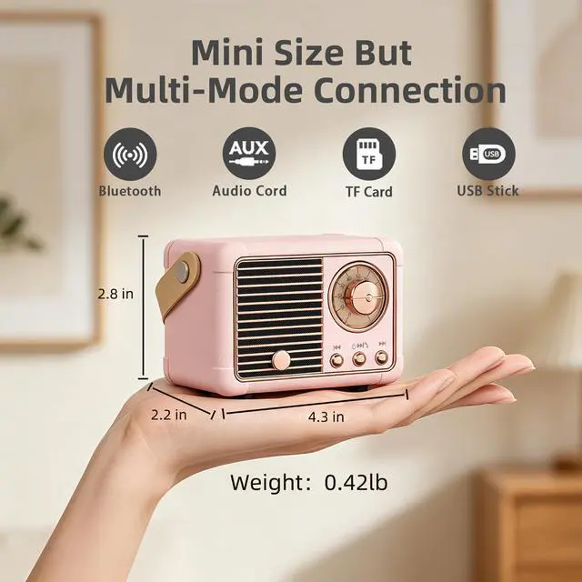 Alt view image 4 of 7 - Retro Bluetooth Speaker, Portable Wireless Speaker with Crystal Clear Stereo Sound Rich Bass, Best Birthday Gifts Ideas for Women Teenage (Pink)