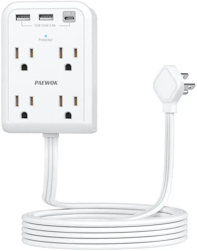 Main image of Surge Protector Power Strip with 3 USB Wall Plug(1 Type C), 4 AC Socket Wall Adapter, Electrical Outlet Extender Stick with 8 ft Thin Extension Cord, Home Office Dorm Room Essentials, White