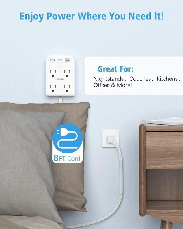 Alt view image 2 of 7 - Surge Protector Power Strip with 3 USB Wall Plug(1 Type C), 4 AC Socket Wall Adapter, Electrical Outlet Extender Stick with 8 ft Thin Extension Cord, Home Office Dorm Room Essentials, White