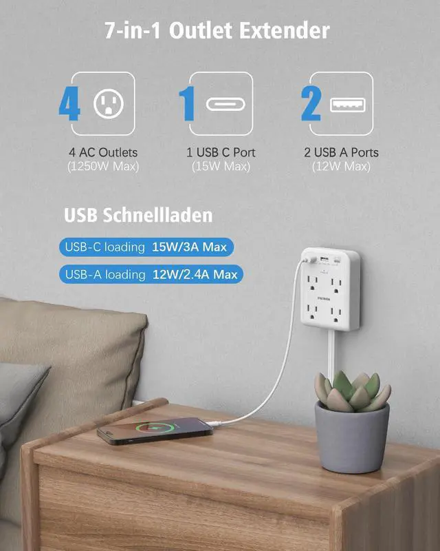 Alt view image 4 of 7 - Surge Protector Power Strip with 3 USB Wall Plug(1 Type C), 4 AC Socket Wall Adapter, Electrical Outlet Extender Stick with 8 ft Thin Extension Cord, Home Office Dorm Room Essentials, White