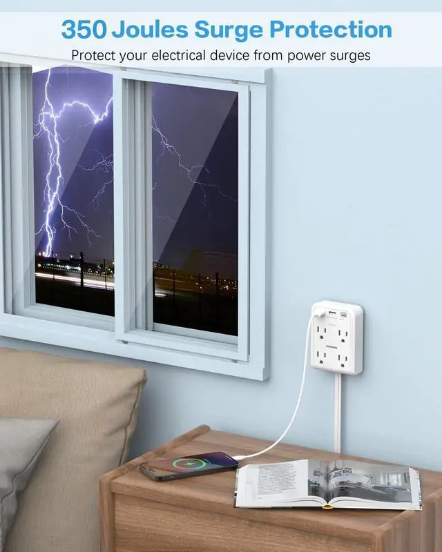 Alt view image 6 of 7 - Surge Protector Power Strip with 3 USB Wall Plug(1 Type C), 4 AC Socket Wall Adapter, Electrical Outlet Extender Stick with 8 ft Thin Extension Cord, Home Office Dorm Room Essentials, White
