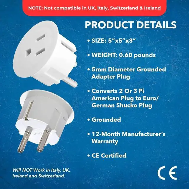 Alt view image 5 of 7 - American USA To European Plug Adapter Type E/F Schuko Plug Adapter - Use in Germany, France, & More - CE Certified For Mobile, Laptop & Camera Chargers - 6 Pack