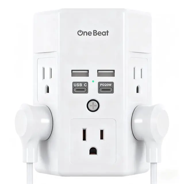 Main image of Surge Protector Wall Outlet Extender, 5 Outlets & 4 USB Ports (20W USB-C PD), 1680J, 3-Sided Multi Plug Outlet Adapter, Outlet Splitter, Wall Mount, ETL Listed for Home Office Travel-White