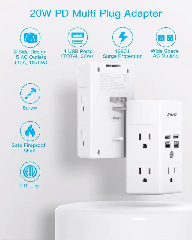 Alt view image 3 of 7 - Surge Protector Wall Outlet Extender, 5 Outlets & 4 USB Ports (20W USB-C PD), 1680J, 3-Sided Multi Plug Outlet Adapter, Outlet Splitter, Wall Mount, ETL Listed for Home Office Travel-White