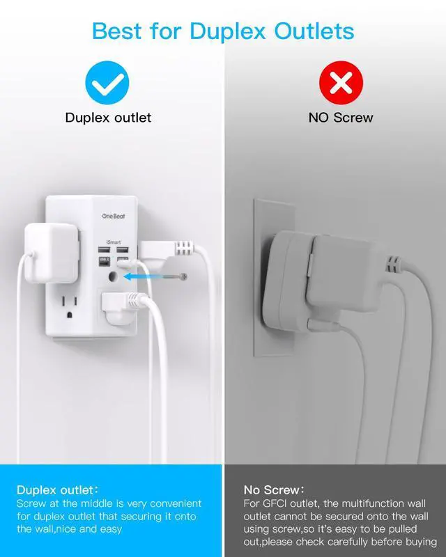 Alt view image 4 of 7 - Surge Protector Wall Outlet Extender, 5 Outlets & 4 USB Ports (20W USB-C PD), 1680J, 3-Sided Multi Plug Outlet Adapter, Outlet Splitter, Wall Mount, ETL Listed for Home Office Travel-White