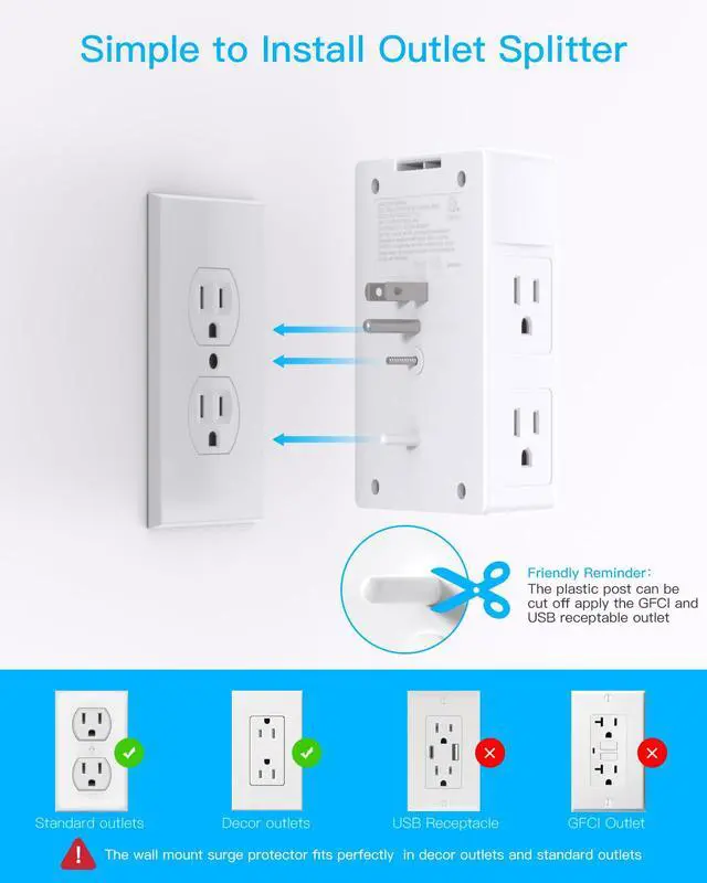 Alt view image 5 of 7 - Surge Protector Wall Outlet Extender, 5 Outlets & 4 USB Ports (20W USB-C PD), 1680J, 3-Sided Multi Plug Outlet Adapter, Outlet Splitter, Wall Mount, ETL Listed for Home Office Travel-White