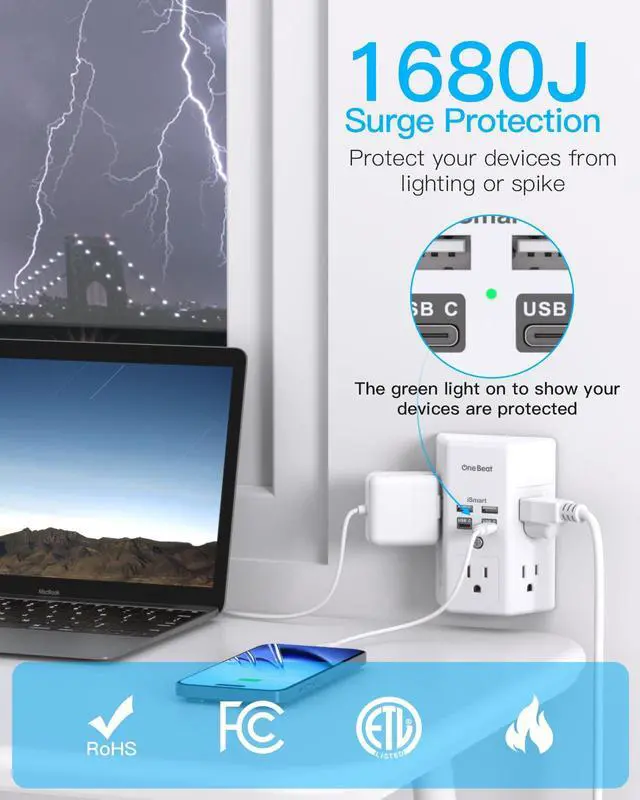 Alt view image 6 of 7 - Surge Protector Wall Outlet Extender, 5 Outlets & 4 USB Ports (20W USB-C PD), 1680J, 3-Sided Multi Plug Outlet Adapter, Outlet Splitter, Wall Mount, ETL Listed for Home Office Travel-White