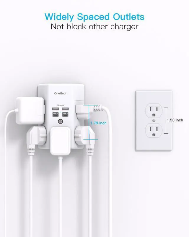 Alt view image 7 of 7 - Surge Protector Wall Outlet Extender, 5 Outlets & 4 USB Ports (20W USB-C PD), 1680J, 3-Sided Multi Plug Outlet Adapter, Outlet Splitter, Wall Mount, ETL Listed for Home Office Travel-White