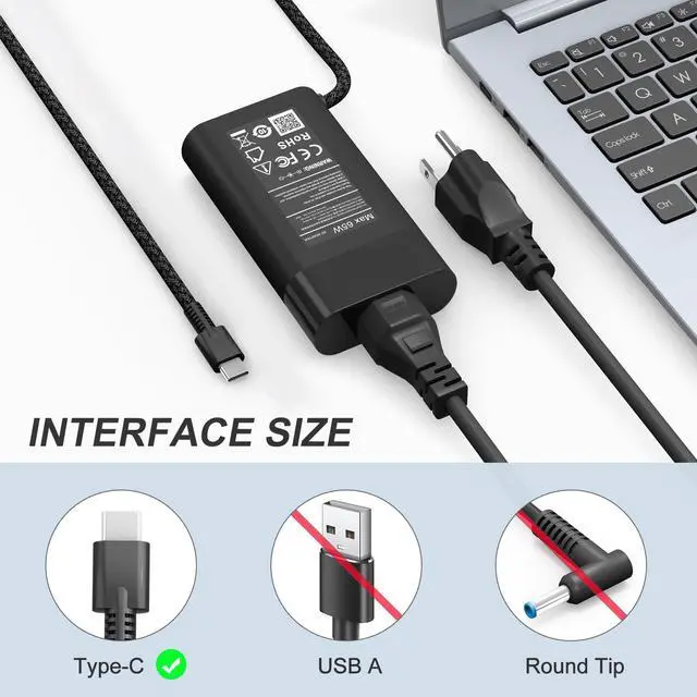 Alt view image 2 of 7 - New Slim 65W USB C Laptop Charger Compatible with HP Spectre x360,Elitebook x360,Pavilion,Chromebook,Envy,ProBook,Omnibook,Elite x2 Travel Type C Power Adapter
