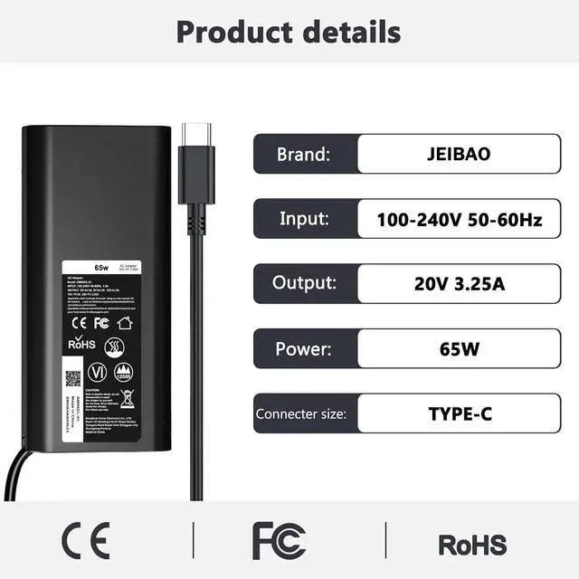 Alt view image 2 of 7 - 65W 45W USB-C Laptop Charger Compatible with Dell Latitude 5540 5530 5520 5420 5430 5440 5450 7530 7440 7430 7420 7340 7330 7320 XPS 13 9250 9350 9360 9365 9370 9380 9550 Adapter Power Cord