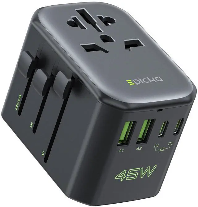 Main image of Pulse 45W International Power Adapter, Universal Travel Adapter with PD Fast Charging, 5-Port (1 AC/2 USB-A/2 USB-C) European Travel Plug Adapter, Travel Essentials (Black)