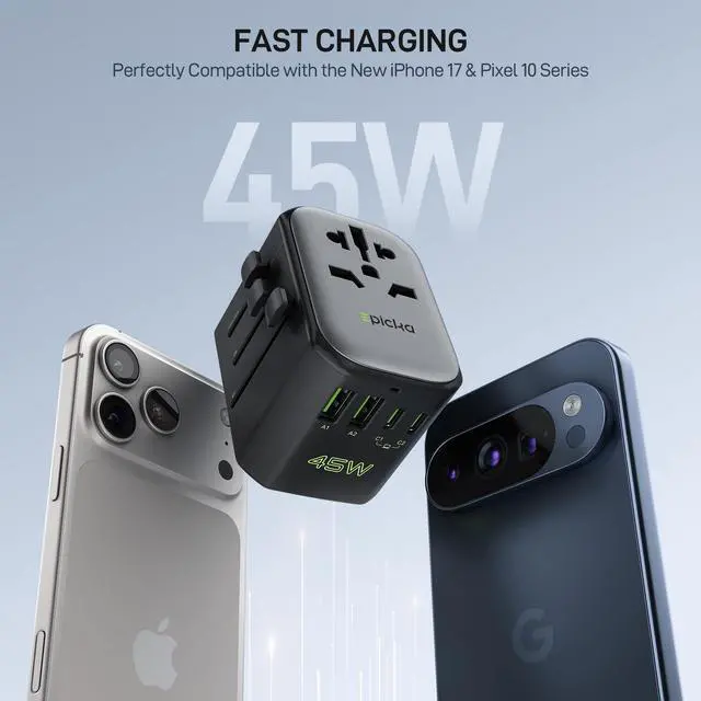 Alt view image 2 of 7 - Pulse 45W International Power Adapter, Universal Travel Adapter with PD Fast Charging, 5-Port (1 AC/2 USB-A/2 USB-C) European Travel Plug Adapter, Travel Essentials (Black)