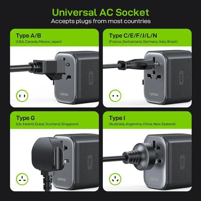 Alt view image 4 of 7 - Pulse 45W International Power Adapter, Universal Travel Adapter with PD Fast Charging, 5-Port (1 AC/2 USB-A/2 USB-C) European Travel Plug Adapter, Travel Essentials (Black)