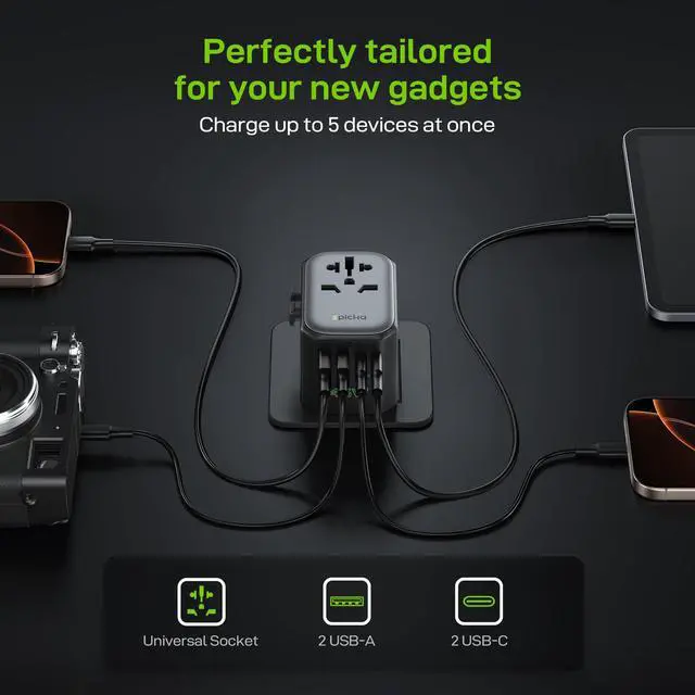 Alt view image 5 of 7 - Pulse 45W International Power Adapter, Universal Travel Adapter with PD Fast Charging, 5-Port (1 AC/2 USB-A/2 USB-C) European Travel Plug Adapter, Travel Essentials (Black)