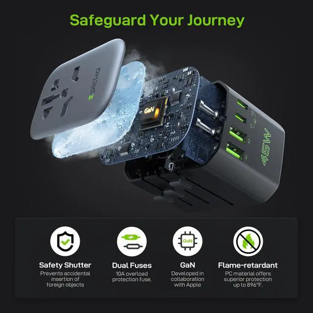 Alt view image 6 of 7 - Pulse 45W International Power Adapter, Universal Travel Adapter with PD Fast Charging, 5-Port (1 AC/2 USB-A/2 USB-C) European Travel Plug Adapter, Travel Essentials (Black)