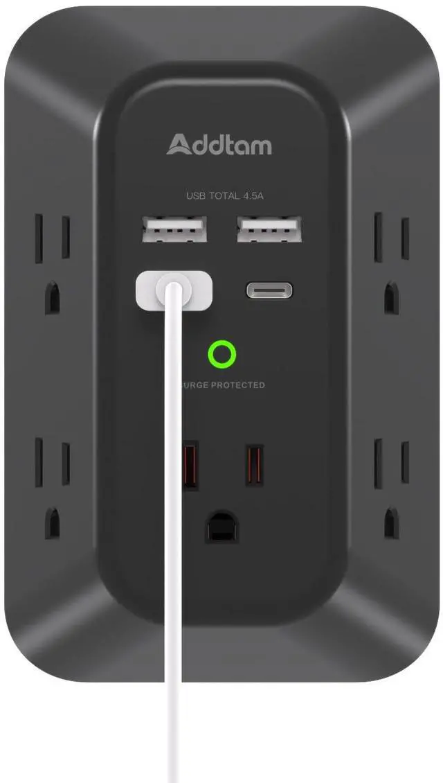 Main image of 5-Outlet Extender Surge Protector, Multi Plug Wall Outlet with 4 USB Wall Charger(2 USB C), Outlet Splitter Power Strip for Home Office Dorm Room Essentials, Plug Extension Outlet 1800J, Black