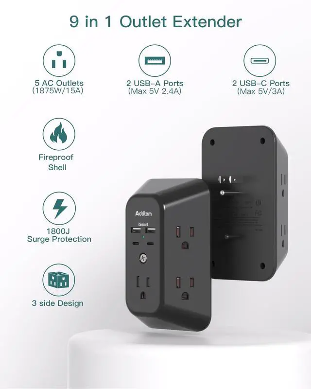 Alt view image 2 of 7 - 5-Outlet Extender Surge Protector, Multi Plug Wall Outlet with 4 USB Wall Charger(2 USB C), Outlet Splitter Power Strip for Home Office Dorm Room Essentials, Plug Extension Outlet 1800J, Black