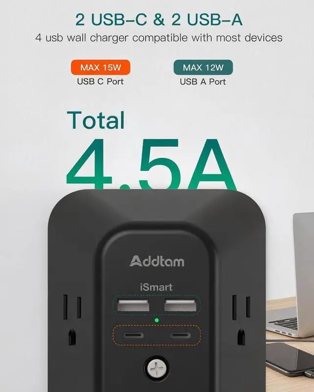 Alt view image 3 of 7 - 5-Outlet Extender Surge Protector, Multi Plug Wall Outlet with 4 USB Wall Charger(2 USB C), Outlet Splitter Power Strip for Home Office Dorm Room Essentials, Plug Extension Outlet 1800J, Black