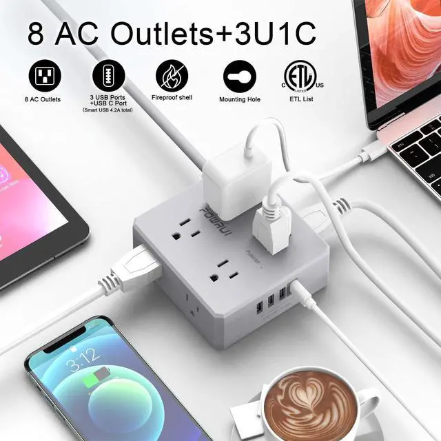 Alt view image 2 of 7 - Surge Protector Power Strip - 10 Ft Flat Plug Extension Cord with 8 Widely Outlets and 4 USB Ports(1 USB C), 3 Side Outlet Extender for Home Office, Grey, ETL Listed