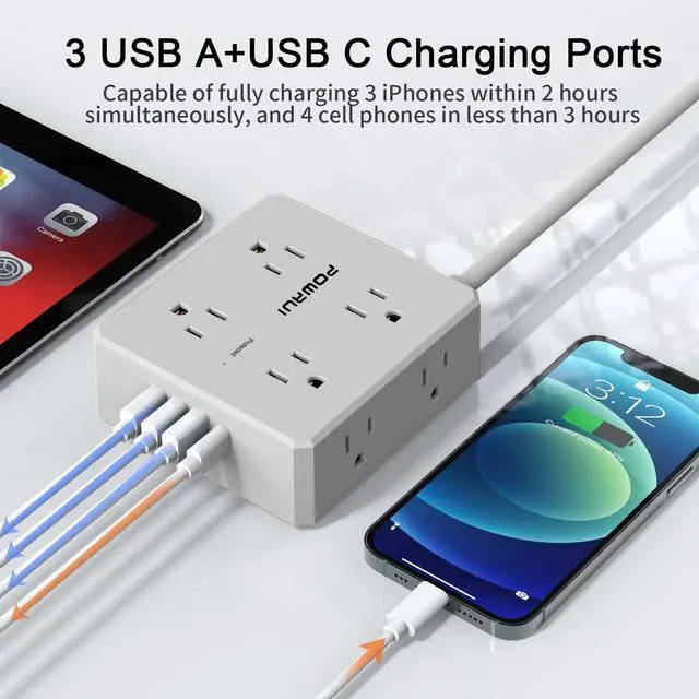 Alt view image 3 of 7 - Surge Protector Power Strip - 10 Ft Flat Plug Extension Cord with 8 Widely Outlets and 4 USB Ports(1 USB C), 3 Side Outlet Extender for Home Office, Grey, ETL Listed