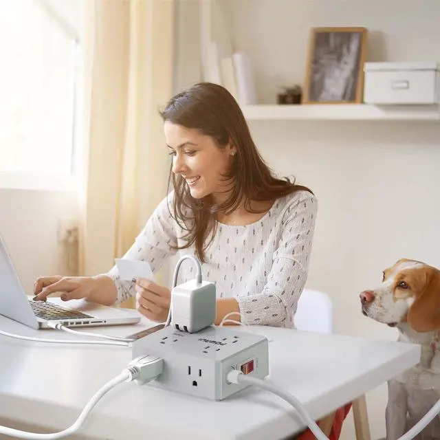 Alt view image 4 of 7 - Surge Protector Power Strip - 10 Ft Flat Plug Extension Cord with 8 Widely Outlets and 4 USB Ports(1 USB C), 3 Side Outlet Extender for Home Office, Grey, ETL Listed