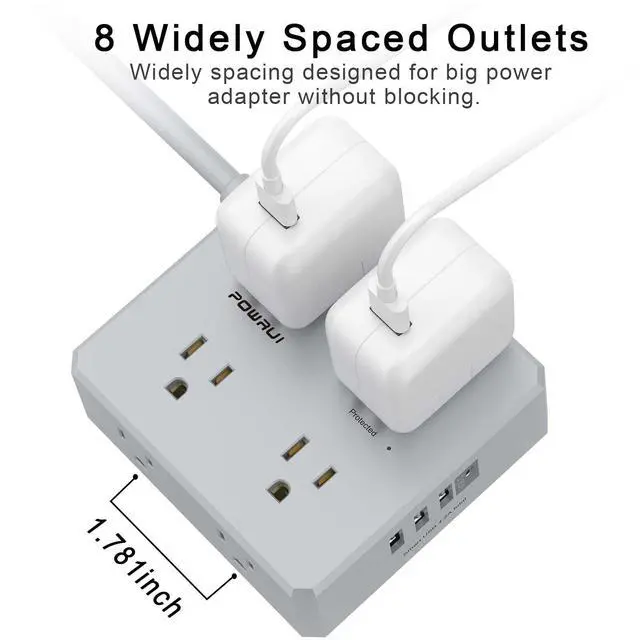 Alt view image 5 of 7 - Surge Protector Power Strip - 10 Ft Flat Plug Extension Cord with 8 Widely Outlets and 4 USB Ports(1 USB C), 3 Side Outlet Extender for Home Office, Grey, ETL Listed