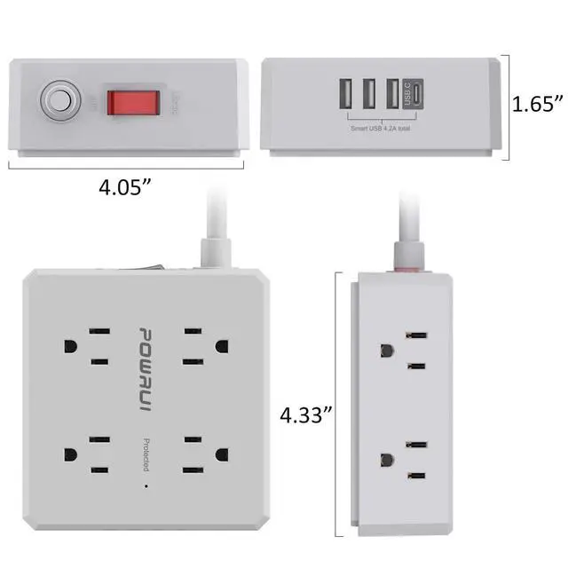 Alt view image 7 of 7 - Surge Protector Power Strip - 10 Ft Flat Plug Extension Cord with 8 Widely Outlets and 4 USB Ports(1 USB C), 3 Side Outlet Extender for Home Office, Grey, ETL Listed