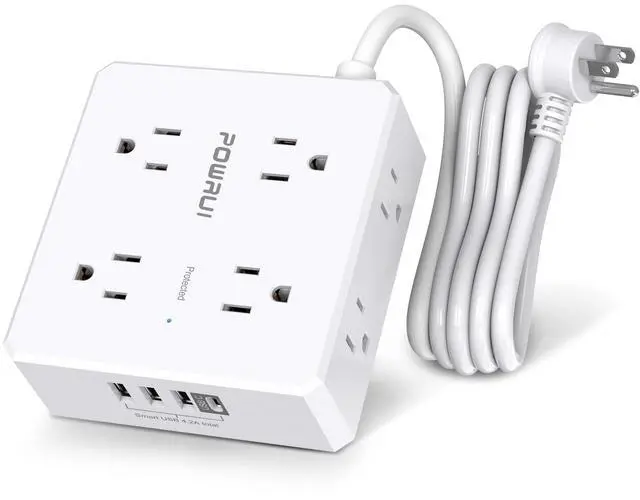Main image of Surge Protector Power Strip - 6 Ft Flat Plug Extension Cord with 8 Widely Outlets and 4 USB Ports(1 USB C), 3 Side Outlet Extender for Home Office, White, ETL Listed