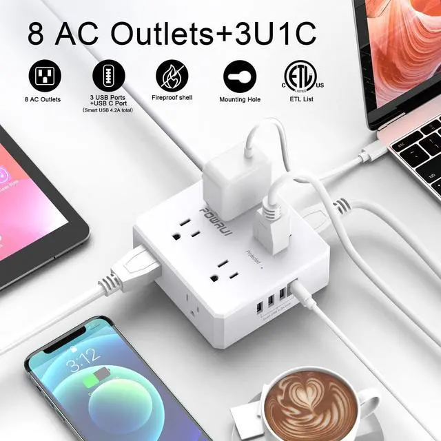 Alt view image 2 of 7 - Surge Protector Power Strip - 6 Ft Flat Plug Extension Cord with 8 Widely Outlets and 4 USB Ports(1 USB C), 3 Side Outlet Extender for Home Office, White, ETL Listed